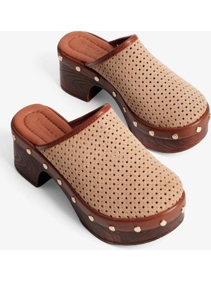 Mubiano Kadın Süet Platform Topuklu Terlik Delikli Rina Bej