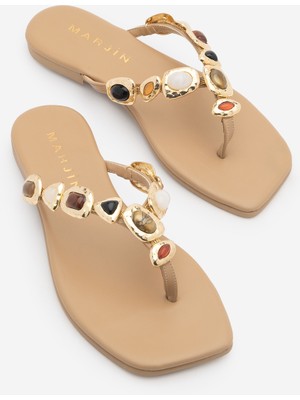 Marjin Kadın Küt Burun Metalik Altın Renkli Tokalı Parmak Arası Günlük Terlik Vakro Bej