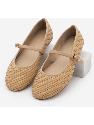 Marjin Kadın Yuvarlak Burun Bantlı Örgü Desen Günlük Babet Avinel Camel