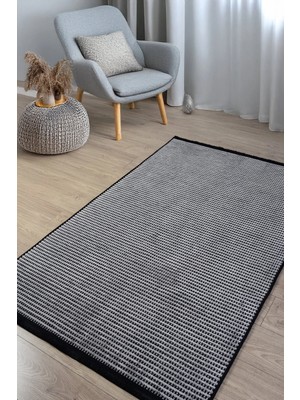 Estiva Home Gri Siyah Şönil Dokuma Kilim Halı – Hasır Desenli, Yıkanabilir, Kaymaz Taban – Salon, Oturma ve Çocuk Odası Yolluk Halısı