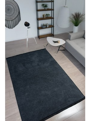 Estiva Home Antrasit Siyah Şönil Dokuma Kilim Halı – Hasır Desenli, Yıkanabilir, Kaymaz Taban – Salon, Oturma ve Çocuk Odası Yolluk Halısı