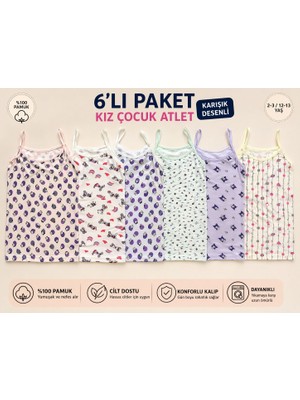 Qulat 6’lı Ekonomik Paket Kız Çocuk Atlet – Pamuklu, Karışık Desenli