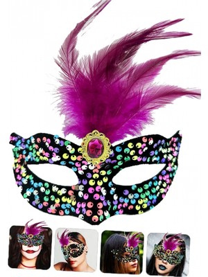 MiraLive Siyah Kadife Rengarenk Payetli Pembe Parti Maskesi