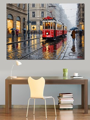 Tablomega Yağmurlu Gecede Kırmızı Istanbul Tramvayı Dekoratif Kanvas - Mdf Ahşap Tablo
