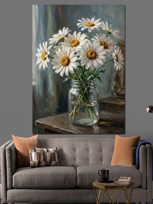 Tablomega Vazoda Beyaz Papatyalar Natürmort Tablo Dekoratif Kanvas - Mdf Ahşap Tablo