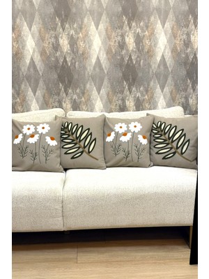 Zeora Home 4’lü Dekoratif Pamuklu Kırlent Kılıfı Seti 2 Papatya 2 Yaprak Modern Boho Etnik Çift Katlı Kumaş