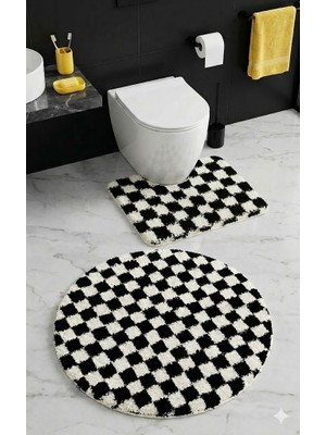Eurobano Chess Dama Desenli Lateks Kaymaz Taban Makinede Yıkanabilir Daire ve Oyuk Yaka 2'li Banyo Paspası