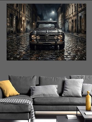 Tablomega Yağmurlu Gecede Klasik Siyah Araba Dekoratif Kanvas - Mdf Ahşap Tablo