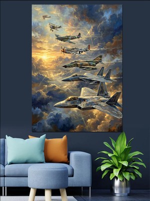 Tablomega Bulutlar Arasında Uçan Savaş Uçakları Dekoratif Kanvas - Mdf Ahşap Tablo