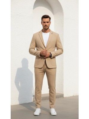 Plus Scorpion Erkek Gofre Desenli Takım Elbise Bağcıklı Pantolon Duble Paça Tek Düğme Modern Slim Fit