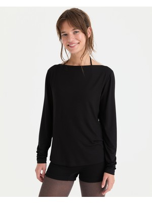 Ayma Active Siyah EcoVero™ Viskoz Kayık Yaka Uzun Kollu Bluz
