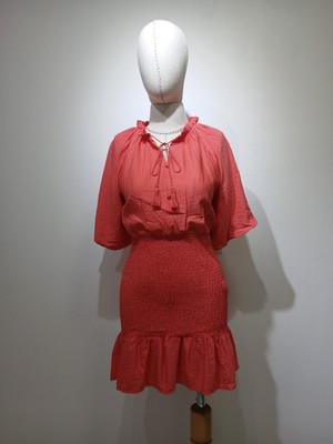 Gizelia Kadın Mercan Rengi Gipe Detaylı Mini Elbise