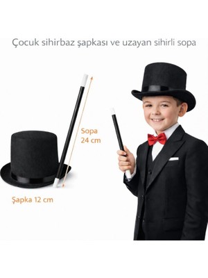MiraLive Çocuk Sihirbaz Şapkası ve Uzayan Yaylı Sihirli Sopa Seti