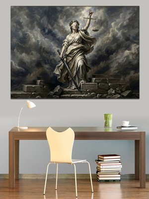 Tablomega Terazi Tutan Adalet Tanrıçası Heykeli Dekoratif Kanvas - Mdf Ahşap Tablo