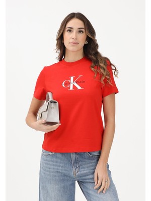 Calvin Klein Kadın Normal Kalıp Yuvarlak Yakalı %100 Pamuk Ck Logo Baskılı Kısa Kollu Kırmızı T-Shirt LV047B865G-VMT