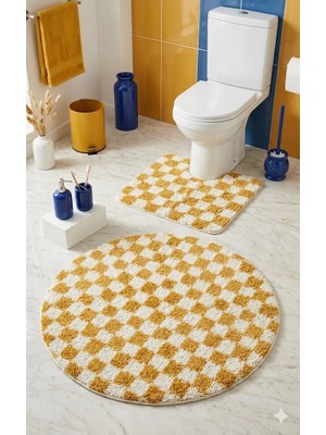 Eurobano Chess Dama Desenli Lateks Kaymaz Taban Makinede Yıkanabilir Daire ve Oyuk Yaka 2'li Banyo Paspası