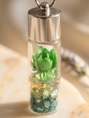 Meneva Aksesuar Cam Şişe Içinde Kurutulmuş Yeşil Çiçekli Kristal Kolye