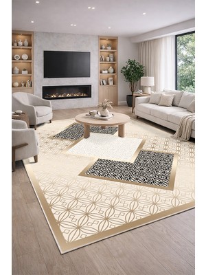 Lioara Home Krem/gri Renk Dijital Baskılı Halı – Modern, Kaymaz Taban, Salon & Oturma Odası Için Halı