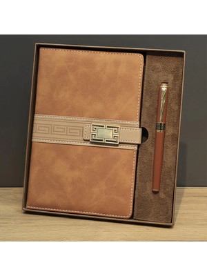 Mzp Kartan Taba Rengi Termo Deri Defter ve Metal Roller Kalem Seti