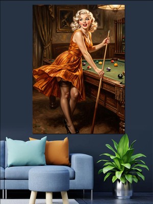 Tablomega Bilardo Masasında Poz Veren Kadın Dekoratif Kanvas - Mdf Ahşap Tablo