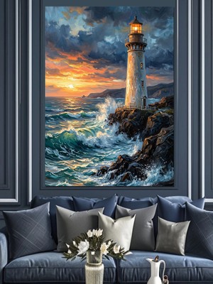 Tablomega Dalgalı Denizde Yalnız Deniz Feneri Dekoratif Kanvas - Mdf Ahşap Tablo
