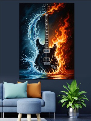 Tablomega Ateş ve Buz Elektro Gitar Dekoratif Kanvas - Mdf Ahşap Tablo