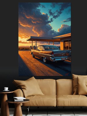 Tablomega Gün Batımında Yol Kenarı Tabela Dekoratif Kanvas - Mdf Ahşap Tablo