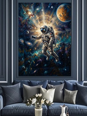 Tablomega Uzayda Süzülen Modern Beyaz Astronot Dekoratif Kanvas - Mdf Ahşap Tablo