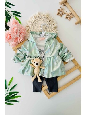 Butik Kız Bebek Ayıcık Çanta Detaylı Yağmurluklu 3'lü Alt Üst Takım