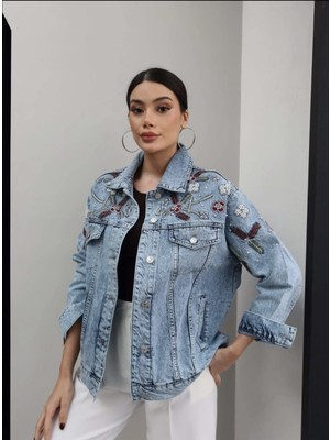 Qimya Butik Levure Kadın Omzu El Işi Taş Işlemeli Nakışlı Rahat Kesim Kot Ceket