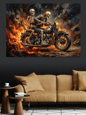 Tablomega Alevler Içinde Motosikletli Iskelet Sürücü Dekoratif Kanvas - Mdf Ahşap Tablo