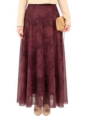 Thiff Tesettür Kadın Etnik Desen Yüksek Bel Içi Astarlı Maxi Boy Şifon Etek