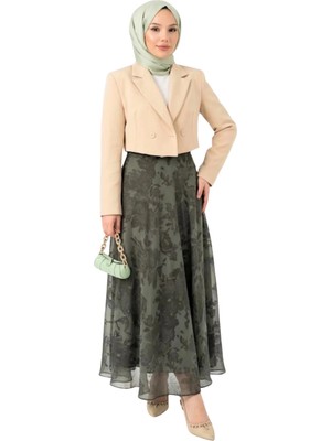 Thiff Tesettür Kadın Etnik Desen Yüksek Bel Içi Astarlı Maxi Boy Şifon Etek