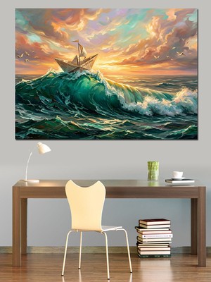Tablomega Gün Batımında Dev Dalgalı Deniz Dekoratif Kanvas - Mdf Ahşap Tablo