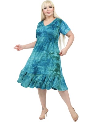 Melsay Butik Göğüsten Robalı V Yaka Kısa Kollu Turkuaz Batik Yıkama Cepli Elbise