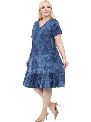 Melsay Butik Göğüsten Robalı V Yaka Kısa Kollu Lacivert Batik Yıkama Cepli Elbise