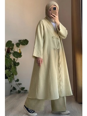 Ande Tesettür Keten Pantolonlu Takım - Ihlamur