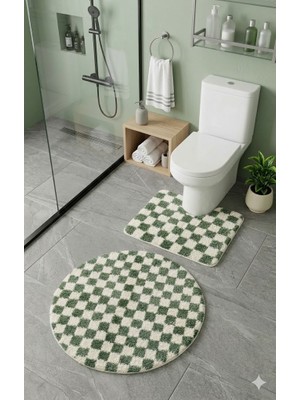 Eurobano Chess Dama Desenli Lateks Kaymaz Taban Makinede Yıkanabilir Daire ve Oyuk Yaka 2'li Banyo Paspası