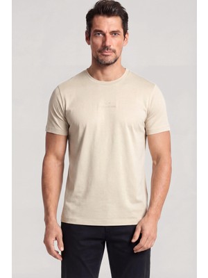 Paul & Shark Erkek Regular Fit Yuvarlak Yakalı Pamuklu Logo Işlemeli Kısa Kollu Bej T-Shirt 26411049A-348