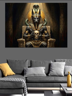 Tablomega Tahtında Oturan Antik Mısır Tanrısı Dekoratif Kanvas - Mdf Ahşap Tablo