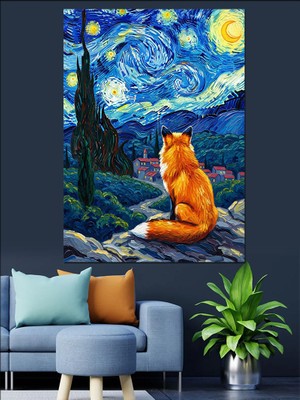Tablomega Van Gogh Tarzı Yıldızlı Gece Tilki Dekoratif Kanvas - Mdf Ahşap Tablo