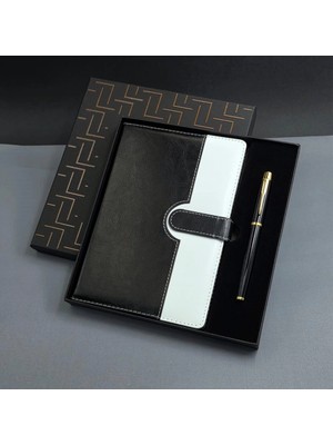 Livenda Siyah Beyaz Renkli Tarihsiz Ajanda Defter ve Metal Roller Kalem Seti