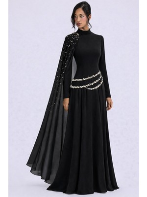 Olcay Pelerin ve Inci Detaylı Krep-Şifon Kombinli Exclusive Tesettür Abiye Elbise Siyah 1080