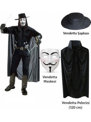 MiraLive Vendetta Kostüm Seti – Şapka Maske Pelerin (120 Cm)