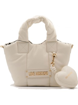 Love Moschino Kadın Örme Dokuma ve Deri Karışık Desen Metal Logo Geniş Ekru Omuz Çantası JC4322PP0NKM1-11A
