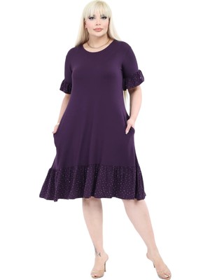 Melsay Butik Kolları Taş Baskılı Fırfırlı Kısa Kollu Mor Kadın Midi Elbise
