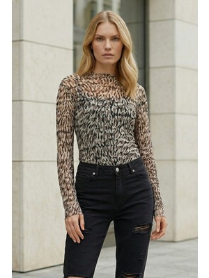 Lupinn Kadın Leopar Desenli Transparan Bluz Tül Uzun Kollu Slim Fit Body Bluz
