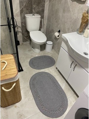 Jüt Hasır 2li Banyo Seti Paspas Takımı-Gri Trikotlu