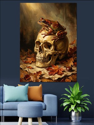 Tablomega Kafatası Üzerinde Duran Kurbağa Dekoratif Kanvas - Mdf Ahşap Tablo