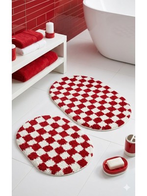 Eurobano Chess Dama Desenli 2'li Oval Bohem Banyo Paspası Lateks Kaymaz Makinede Yıkanabilir 60X100 60X50 cm